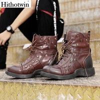 European and American leather boots Martin boots tooling boots mens high-top cotton shoes thick bottom locomotive medium tube m