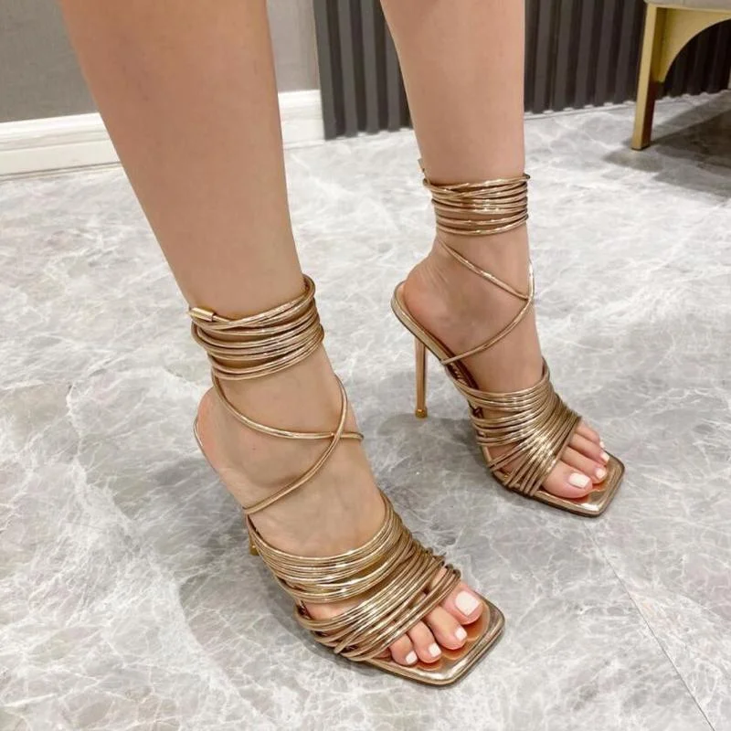 

2022 Summer New Fashion Pinch Narrow Band Women Gladiator Sandal Shoes Ladies Square Open Toe Ankle Buckle Strap Stiletto Heels