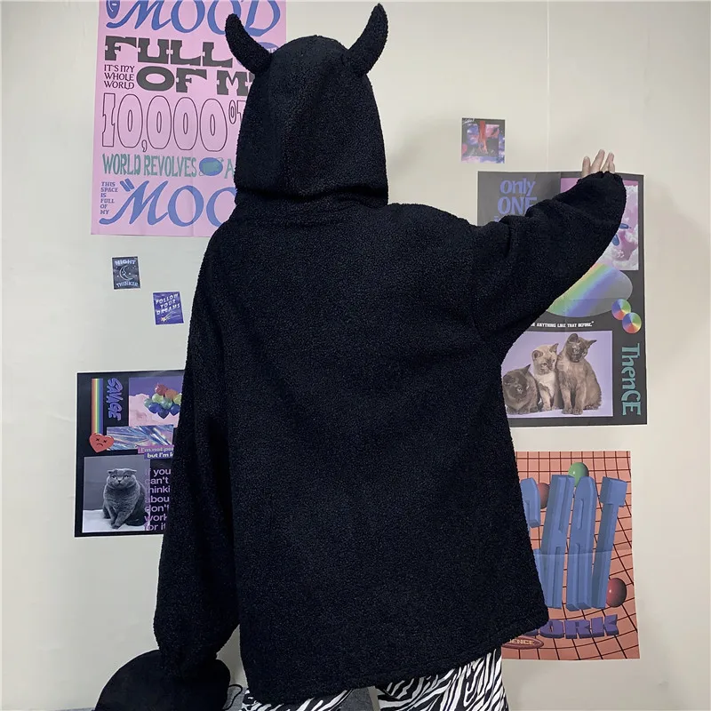 Ruibbit/осенне зимняя женская Толстовка Harajuku в стиле панк готика черный дьявол