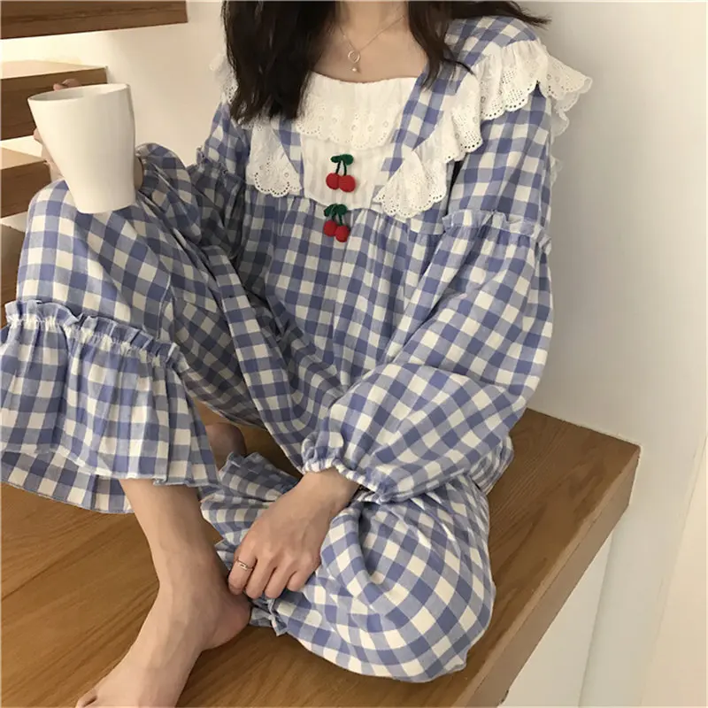 

Alien Kitty Sweet Fashion Square Collar Princess Sleepwear 2020 Plaid Gentle Chic Women Loose Pajamas Suits Fresh Home Clothes