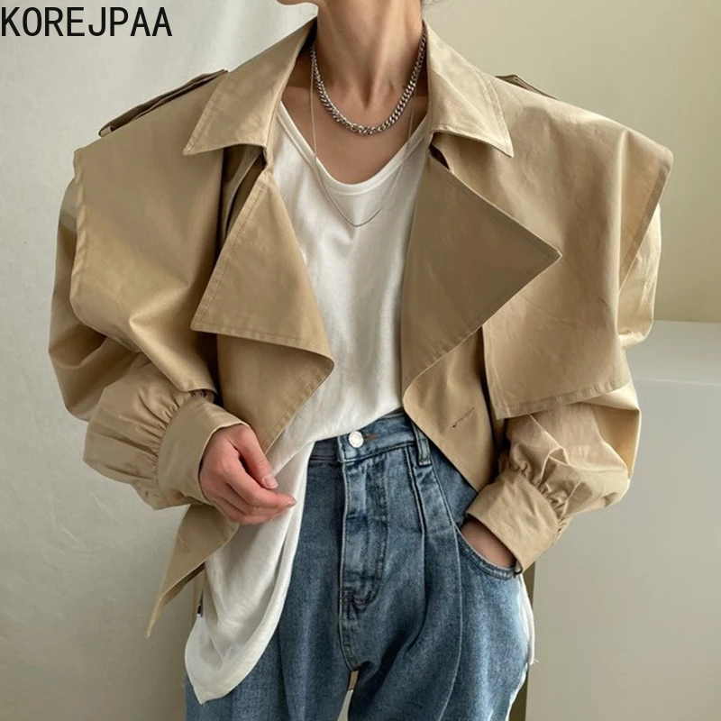 

Korejpaa French Fashion Jackets Women 2021 Autumn New Turn-down Collar Double Breasted Loose Puff Sleeve Short Trench Coat
