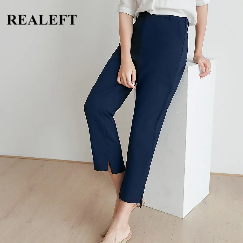 

REALEFT 2020 New Korean OL Style Women Formal Harem Pants Side Split Pockets High Waist Elegant Office Lady Ankle-Length Pants