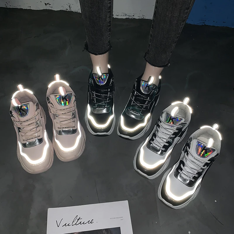2020 Весенняя женская модная обувь Светоотражающие Кроссовки Повседневная на