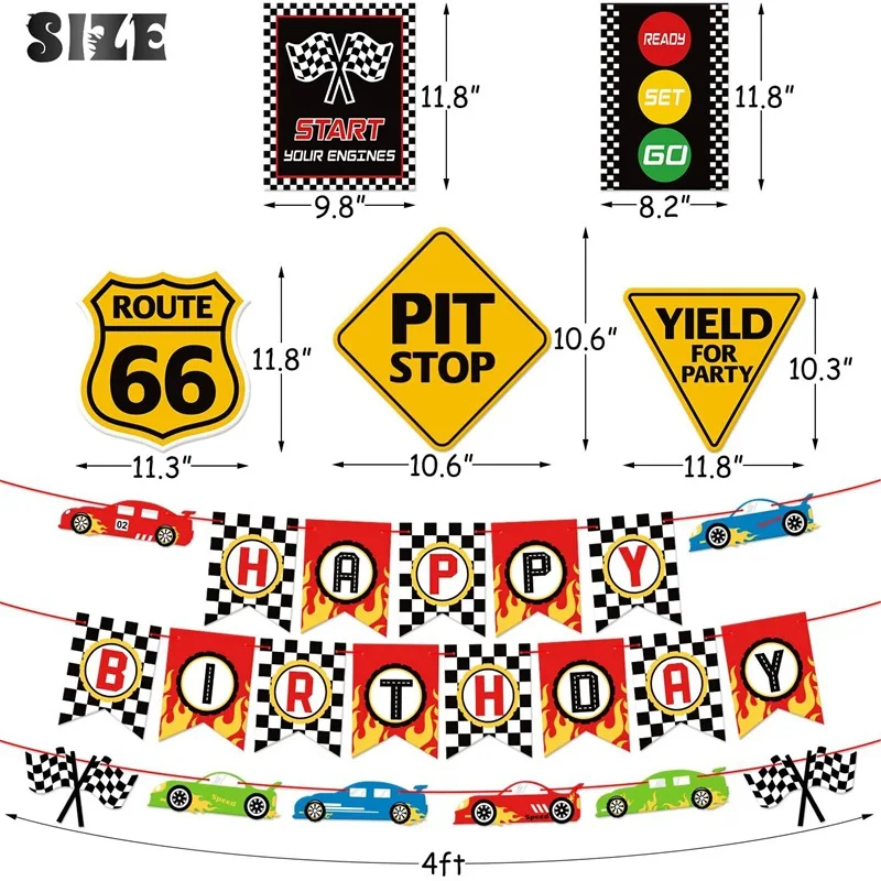 Conjunto de decoraci&oacute;n con tem&aacute;tica de coches de carreras, cartel Indicador de feliz cumplea&ntilde;os, fiesta, banderines, globos, tel&oacute;n de fondo-1