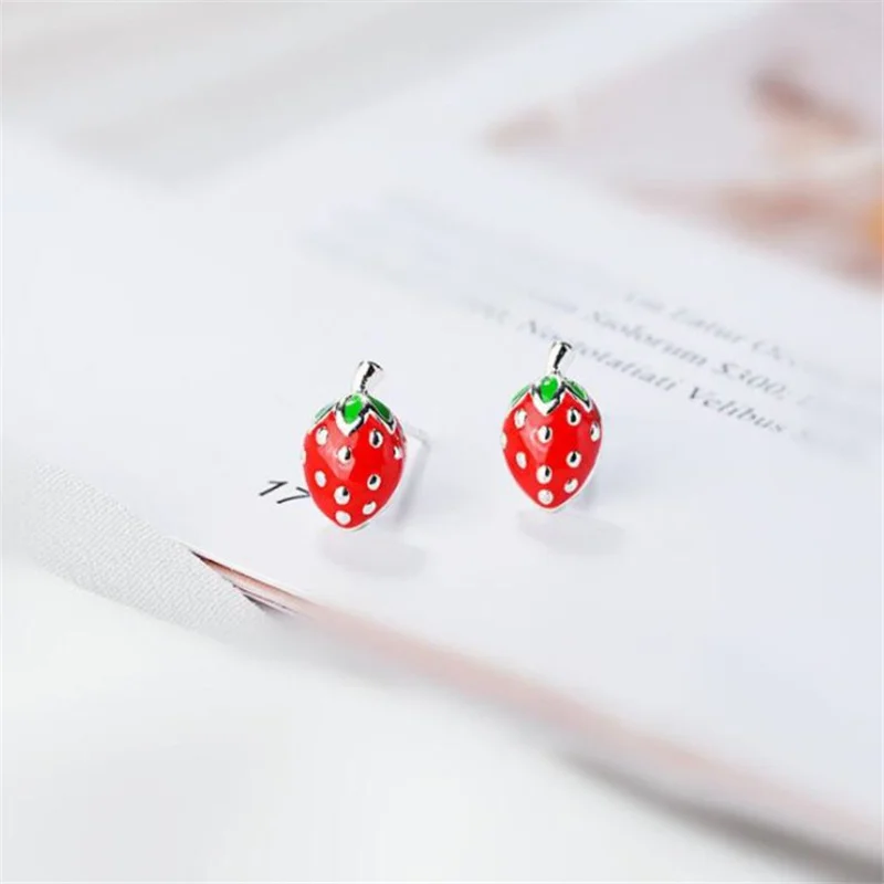 

Real Silver Color Stud Earrings Sweet Cute Strawberry Fashion Earrings for Woman Girls Birthday Party Jewelry Gifts SE006