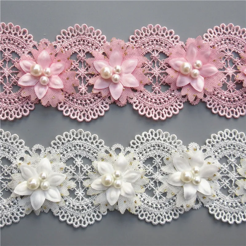 1 ярд полиэстер бело-розовая Жемчужина цветы вышитые кружева отделка Лента для