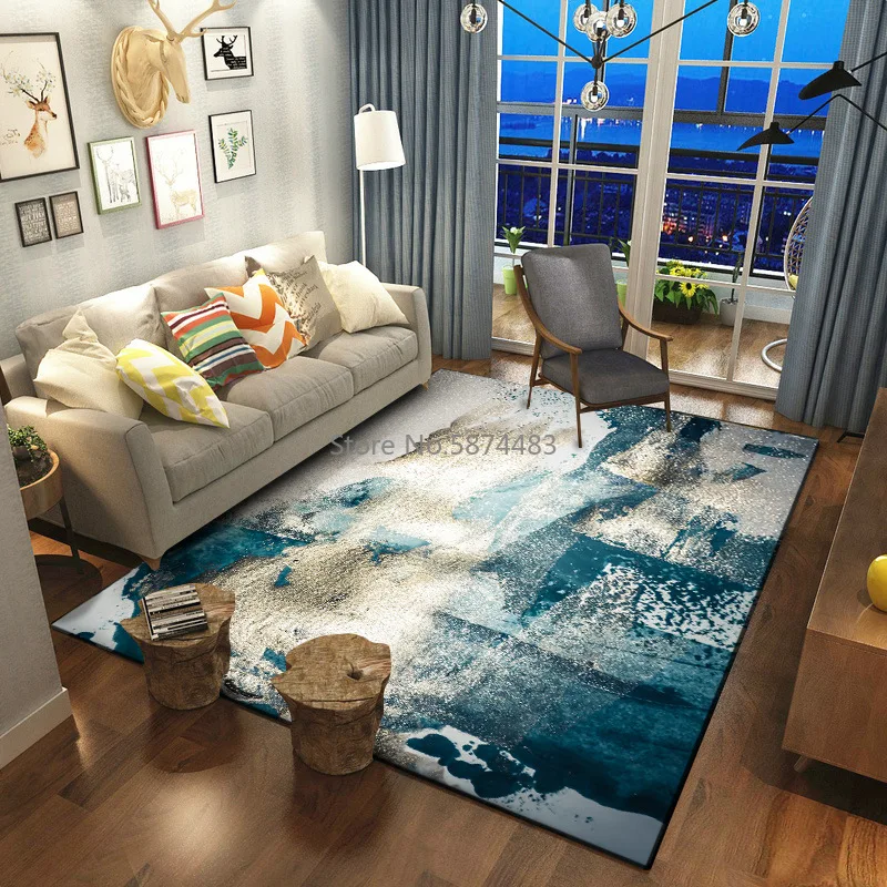 

Personality stylish abstract heavy metal wind art blue-green watercolor bedroom living room kitchen bedside carpet door mat.