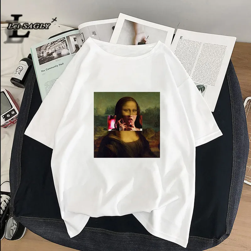 Lei SAGLY Mona Lisa smokes женские футболки художественная картина маслом Harajuku Эстетическая ulzzang негабаритная футболка Корейская одежда
