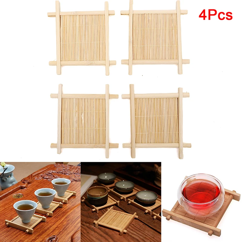 

4Pcs Bamboo Coaster Tea Cup Square Saucer Set Mat Home Kitchen Supplies Handmade Coffee Cup Drink Tools Mug Coaster Tea Set