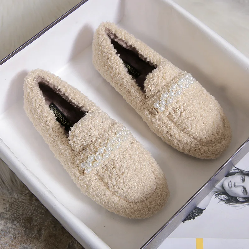 

Winter High Quality Lamb Wool Keep Warm Women's Shoes Pearl design Slip-on Loafers Solid Color Fluffy Flat Women Casual Shoes Wa