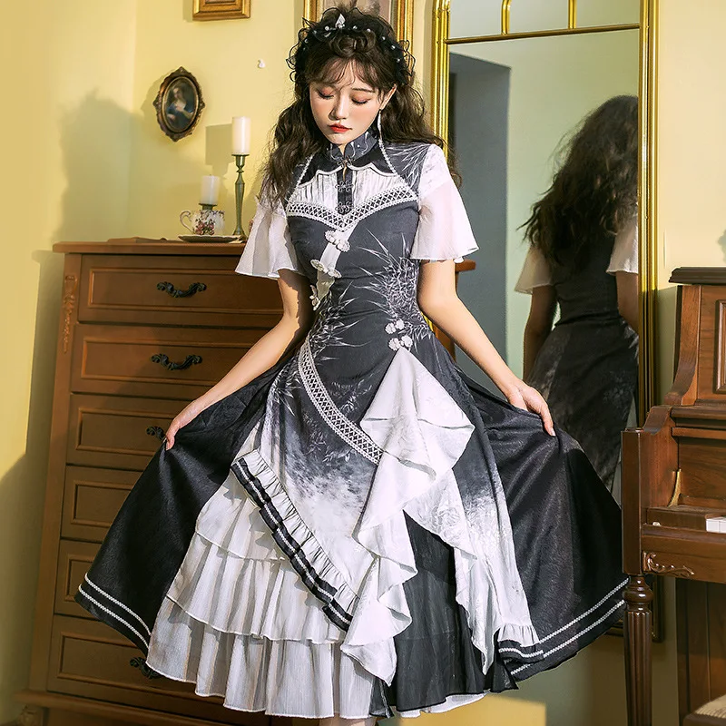 

Lolita Princess Skirt Cosplay Lovely Lolita Cake Black Short Sleeve Qipao Skirt Puffy Skirt Court Retro Lolita Dress New