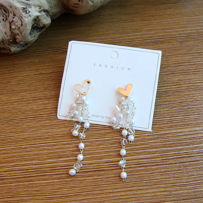 

Long Tassel Simulation Pearl Pendant Earrings Romantic Rhinestone Heart Dangle Ladies Wedding Jewelry Earrings