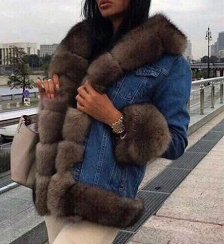 denim Винтажные женские джинсовые куртки цвета Соболя с лисьим мехом, хлопковые стеганые куртки с натуральным мехом, верхняя одежда - Цвет: denim