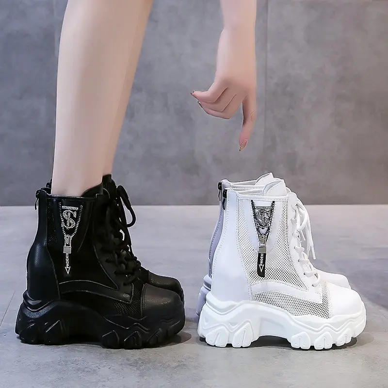 

Mesh Summer Ankle Boots Shoes Women Sexy Hollow High Heels Round Toe Breathable Platform Sneakers Thick Bottom Wedge Short Boots