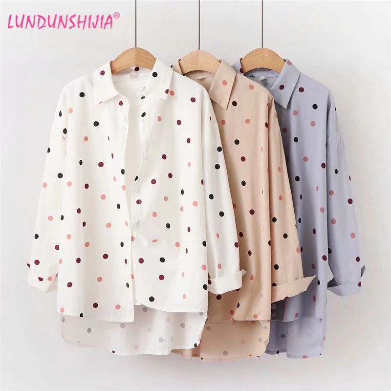 LUNDUNSHIJIA 2019 Новинка весна осень милые длинные женские блузки в горошек с длинным