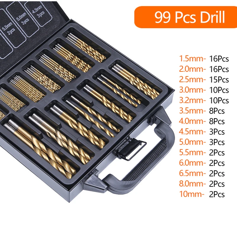 99PCS HSS Twist Drill Bit Set 1.5-10mm Titanium Coated Surface 118 Degree For Drilling wood Thin Metal Home Use With Box