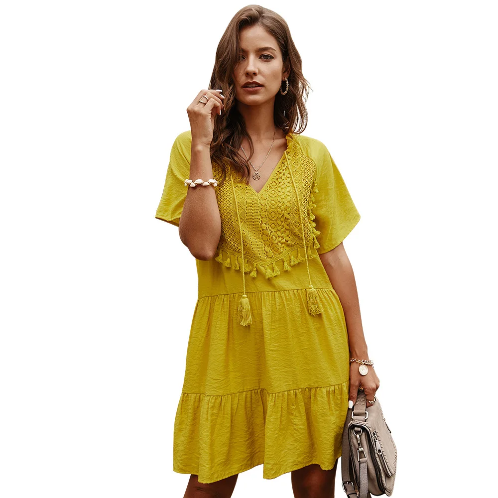 

2021 summer new product lace stitching pure color V-neck temperament lady dress