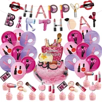 46pcslot makeup balloons happy birthday banner cosmetics cake toppers lipstick balloon for spa make up birthday party decor