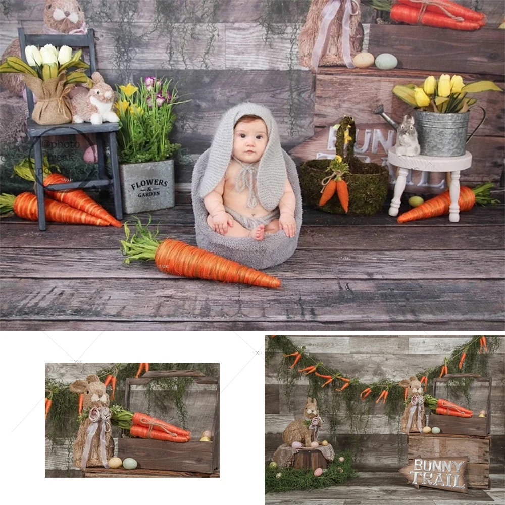 

Spring Easter Backdrop Hare Rabbits Carrot Colorful Eggs Rustic Wood Floor Photography Background for Kids Child Newborn Banner