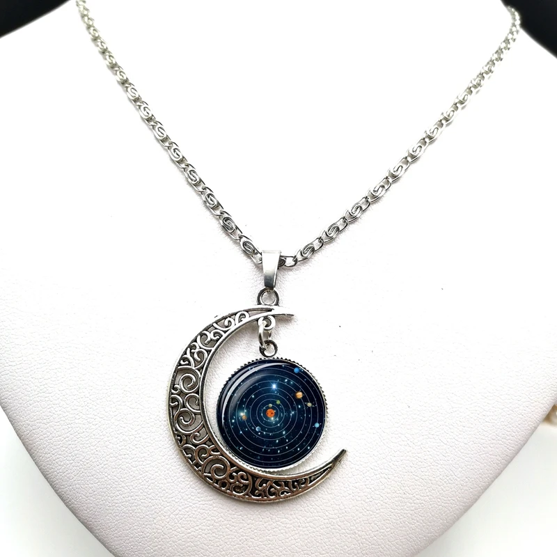 

2020 Creative Handmade Universe Galaxy Earth Satellite Cabochon Glass Moon Pendant Clavicle Chain Necklace Birthday Gift