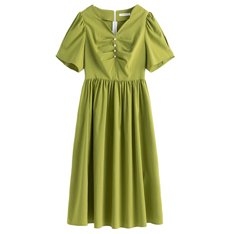

DUSHU Plus Size Office Lady French Light Mature Style Green Short-sleeved Retro Dress 2021 Summer New Loose V-neck dress