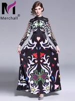women runway dress 2019 spring autumn leopard vintage print maxi dress long sleeve long pleated dresses vestido de fiesta m65395