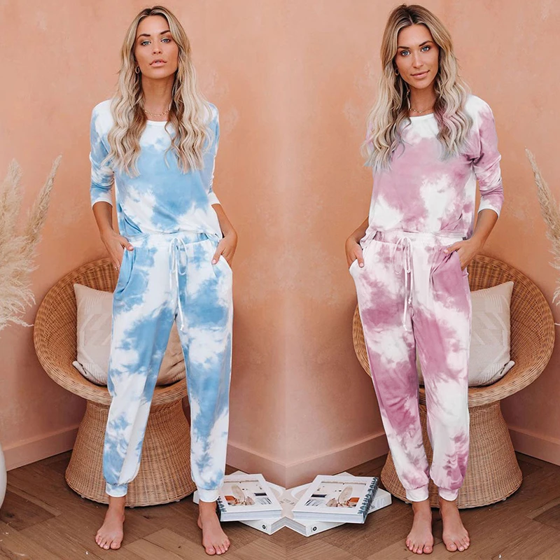 

Womens Pajamas Tye Dye 2 Piece Set Lounge Wear Pocket Homewear Suit Casual Fashion Long Sleeve Top And Pants Women Outfit Sets