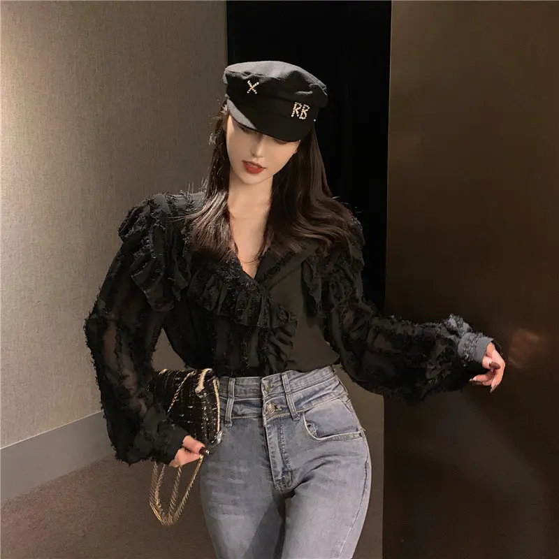 

HziriP Fairy Ruffled Chiffon V-Neck Gentle Sexy 2020 High Quality Solid Office Lady Sweet Chic All Match Loose Basic Shirts