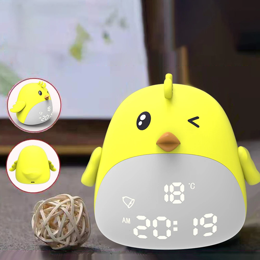 

Cartoons Chick Night Light Cute Digital Alarm Clock USB Night Lamp Touching Control for Kids Bedroom Living Room Bedside Lamp