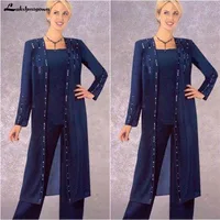 Eleagnt Grandmother of the bride pant outfits Pant Suit Women for Wedding For Men Wedding Long Jacket With Crystal Square Neck