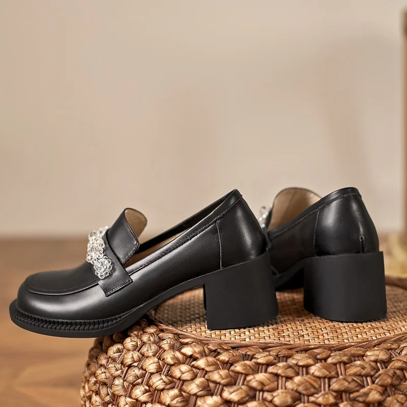 

EGONERY Women spring Fashion Square Heel Leisure Shoes String beads decoration Round Toe Mature soft Concise Comfortable