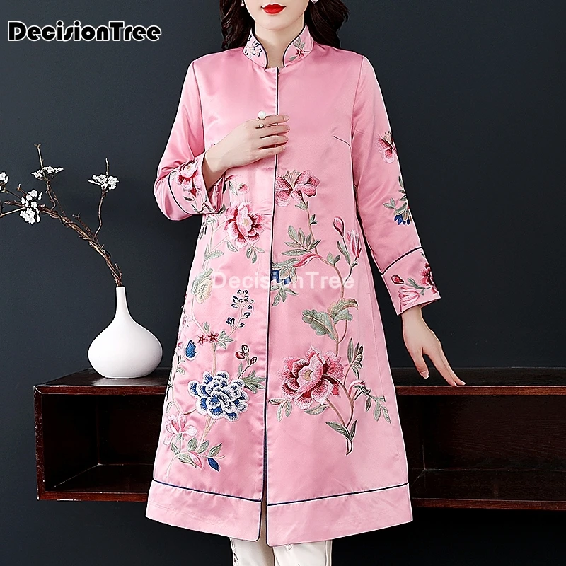 

2022 vintage floral embroidery qipao elegant women cheongsam mandarin collar robe satin chinese tang suit dress vestidos