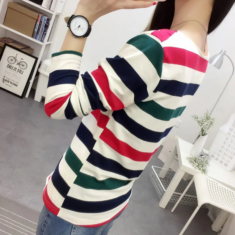 Женская Осенняя футболка с длинным рукавом в цветную полоску женская Свободная