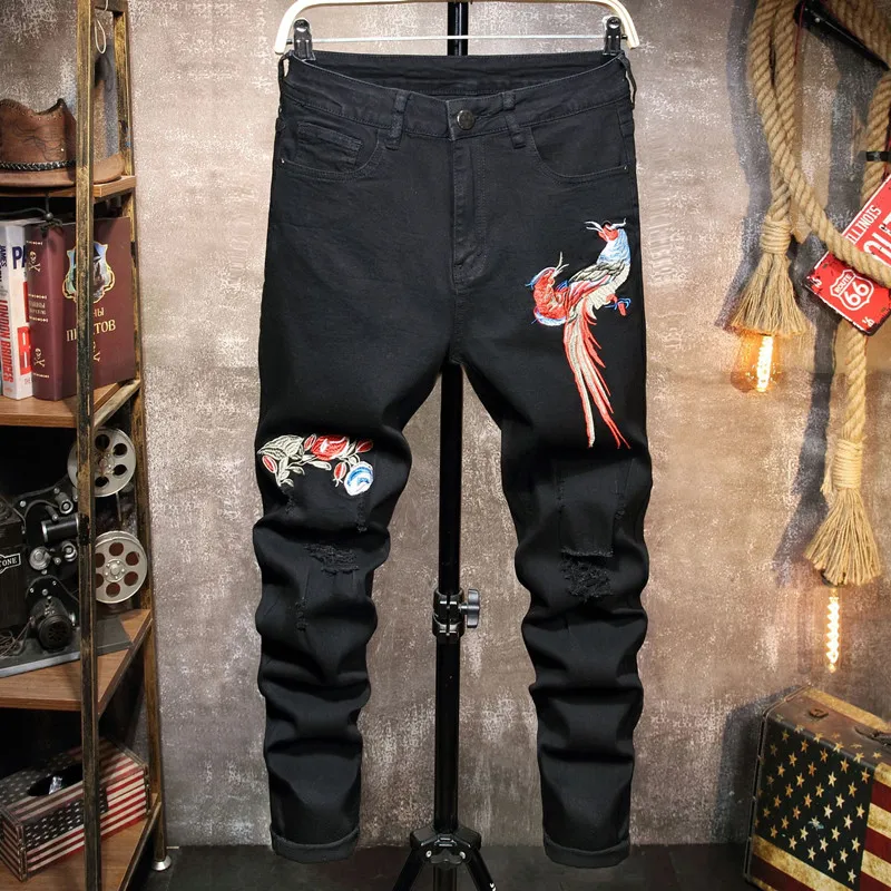 

New Fashion Men Skinny Jeans Washed Frayed Bird Pattern Embroidery Strong Chinese Style Culture Streetwear Male Denim Pants