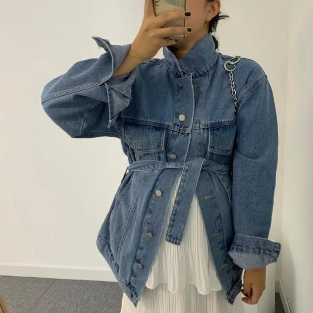 

SuperAen 2021 Autumn Blue Denim Loose Coat Turn Down Collar Full Single Breasted Solid Jackets Women