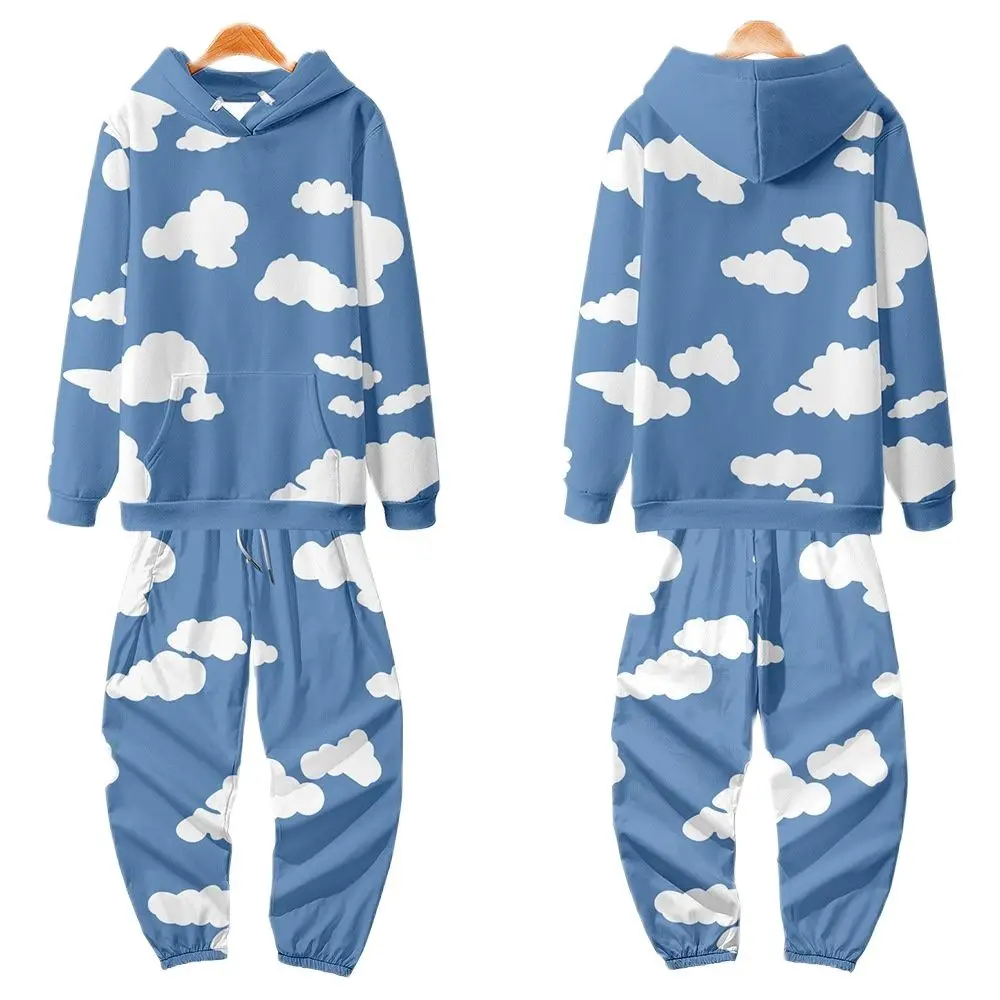 

Tracksuit Suit Autumn Fashion Warm Hoodie Sweatshirts Two Pieces Casual Blue Clouds Print Pullovers And Pant Sets Oversized 6XL