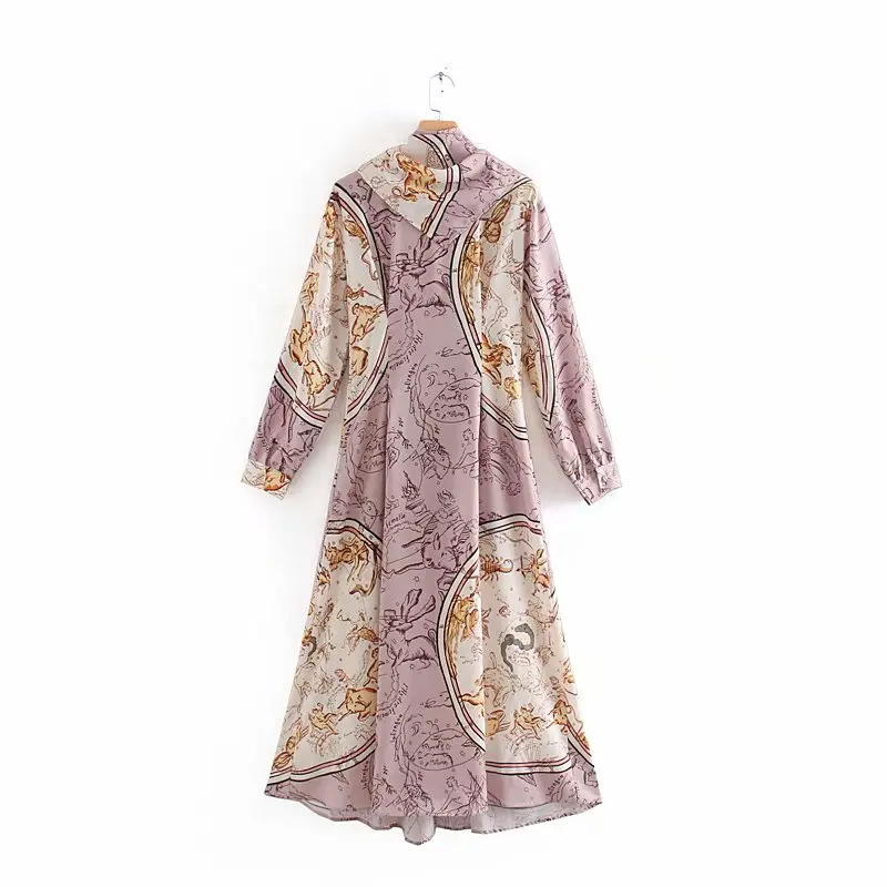 women mididress autumn casual long sleeve shirtdress 2019 new bow collar chain floral printed elegant loose chiffon Женская одежда