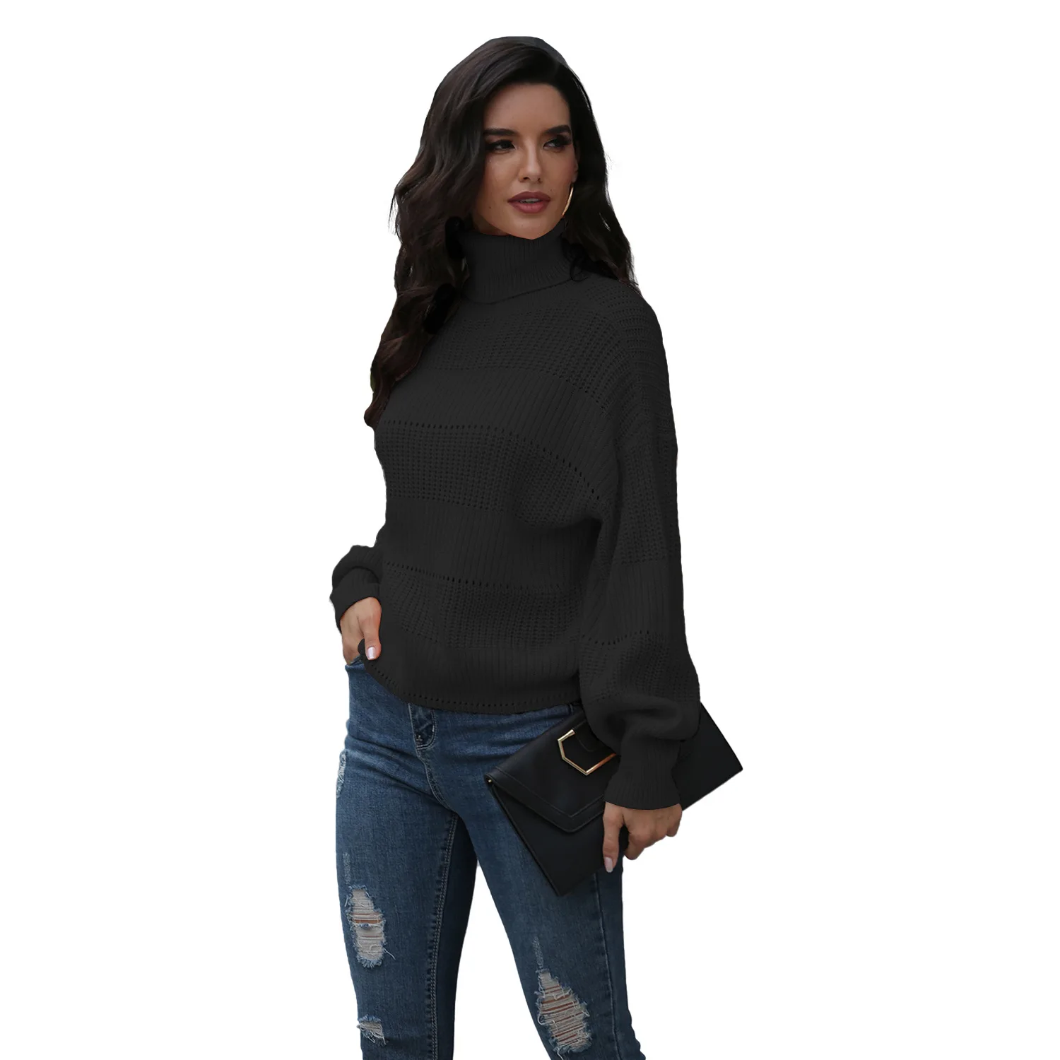 

2020 Women's Sweater Autumn and Winter New High Collar Hollow Loose Knitted Pullovers Jumper Batwing Long Sleeve Loose Tops