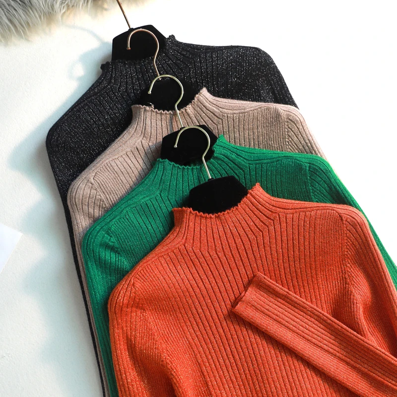 2019 Блестящий вязаный свитер с высоким воротником блестящий женский пуловеры