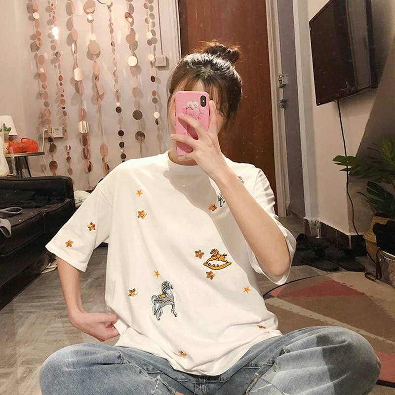 

Casual Printed Summer Women round collar harajuku T-shirt Short sleeve t-shirt loose Woman tops Black White T shirt 201