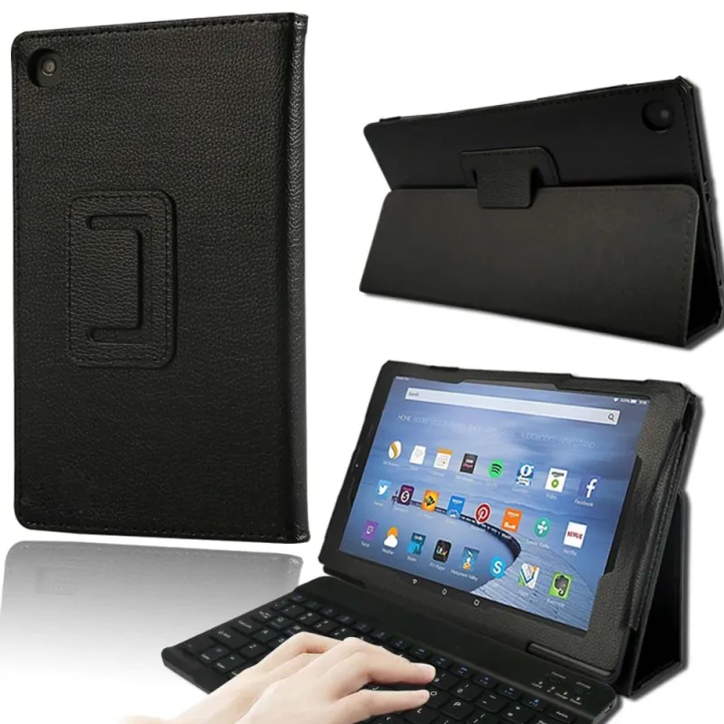 Black KK&LL для Amazon Fire HD 10(7/5 поколение, / выпуск) Bluetooth клавиатура+ умный планшет кожаный чехол-книжка - Цвет: Black