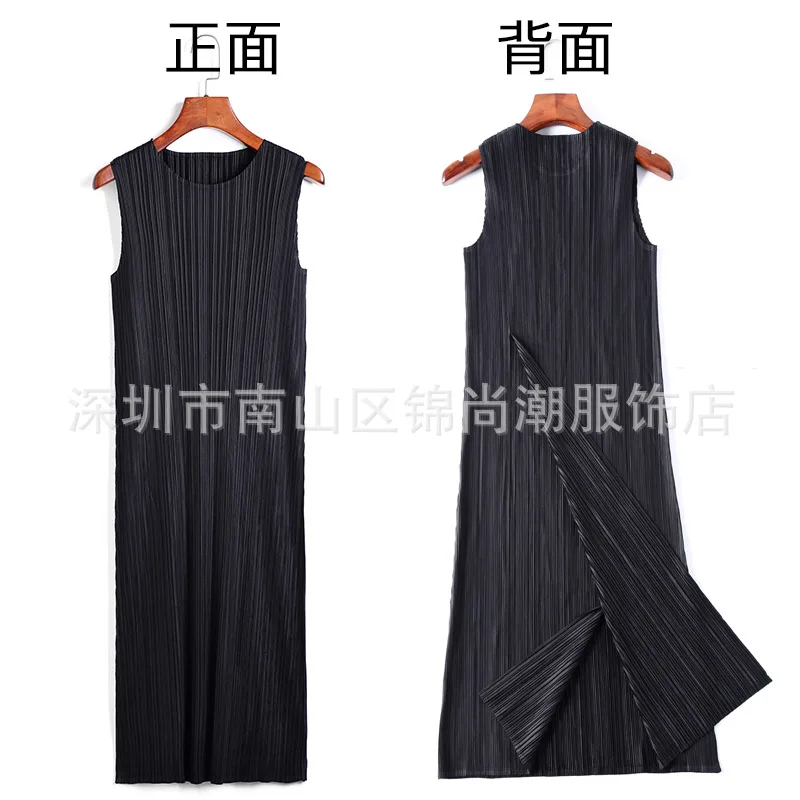 

TVVOVVIN Simple Pleated Women's Dress Summer New Round Neck Slim Split Sleeveless Casual Knee-length Dress WC3C