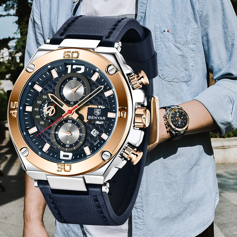 

Мужские кварцевые часы BENYAR, Модные Роскошные наручные часы для мужчин, лучший бренд, спортивные мужские часы, водонепроницаемые часы с кожа...