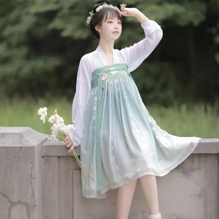 

Chinese element full chest skirt suit student Hanfu female short embroidery print spring and summer ancient costume daily