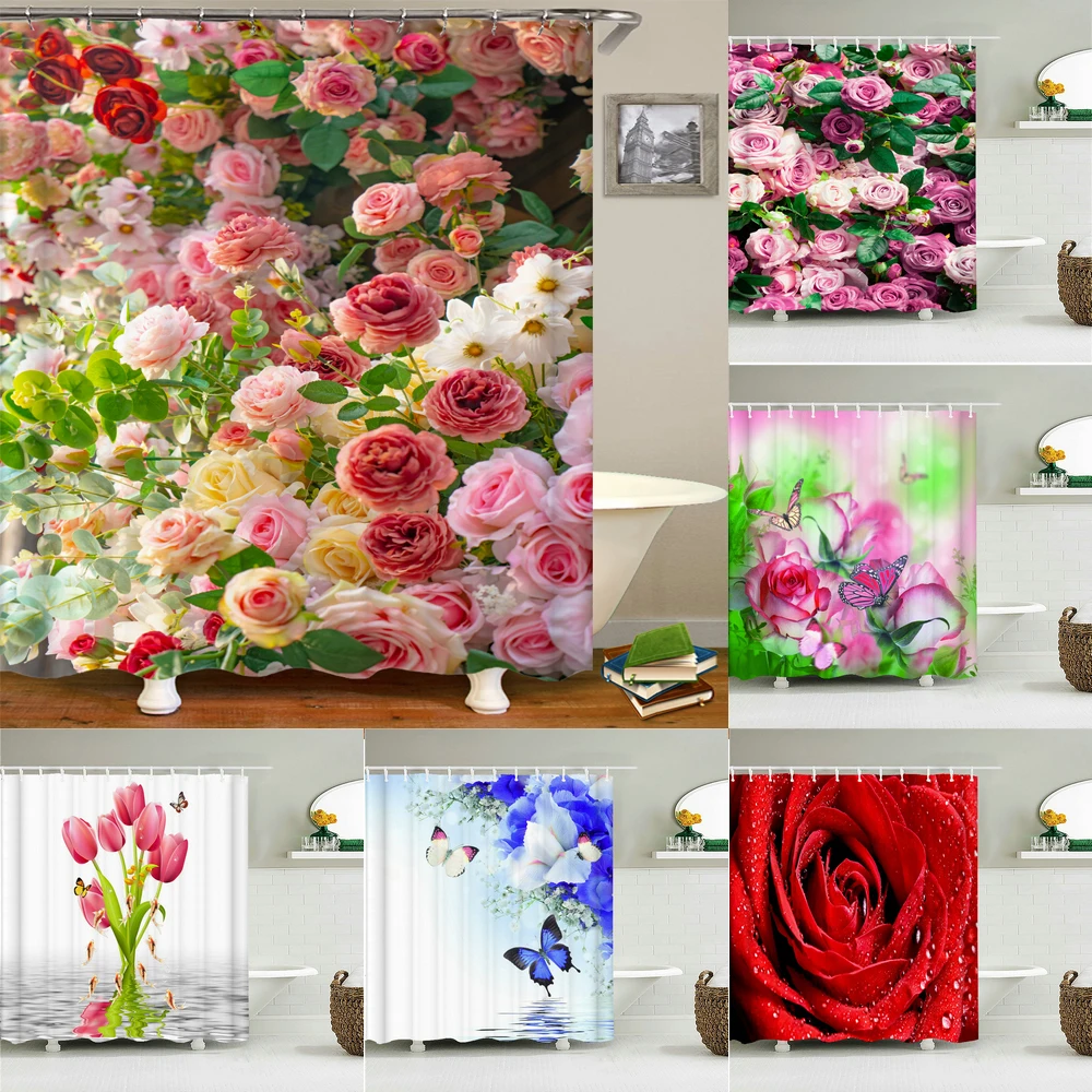 

rurality fresh flowers wall shower curtains bathroom shower curtain 3D fabric bath curtain with hooks waterproof bath screen