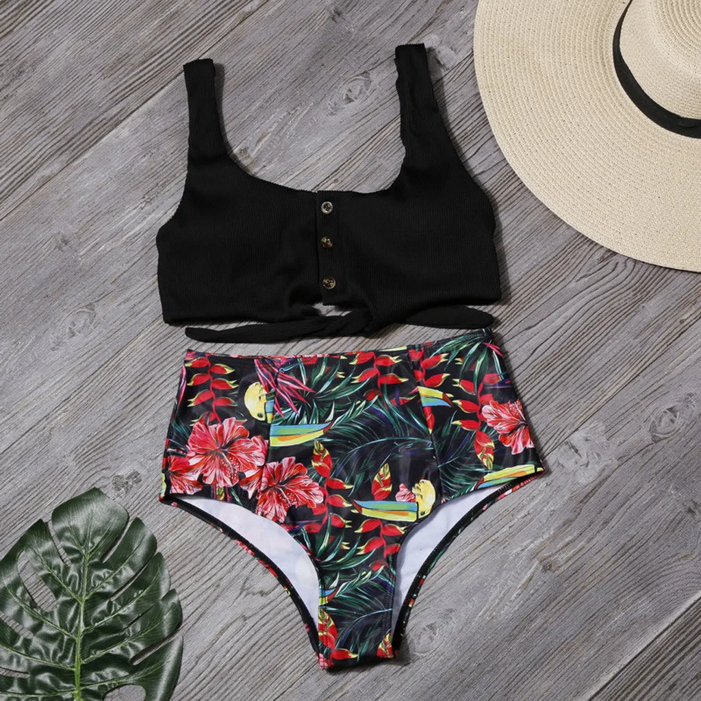 

SAGACE Floral Print Bikini Set Swimwear 2020 Women Lace-Up High Waist Swimsuit Summer Female Halter Push-Up Padded Bathing Suit
