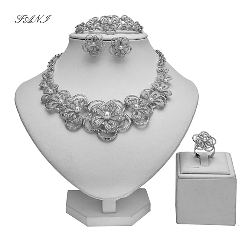 

Fani Fashion Dubai Gold/Sliver Plated Jewelry Set Wholesale Nigerian Wedding Woman Necklace Bracelet Earring Ring Jewelry Set