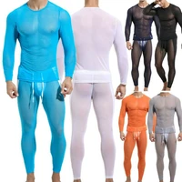 sexy mens undershirts fitness long sleeve t shirts see through mesh shirt transparent long johns sport pants or men clothes set