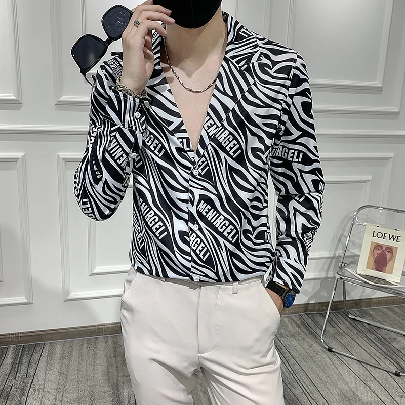 

2021 Autumn Men Shirt Brand Luxury Zebra Print Long Sleeve Shirts Casual Slim Fit Business Dress Shirts Camisa Social Masculina