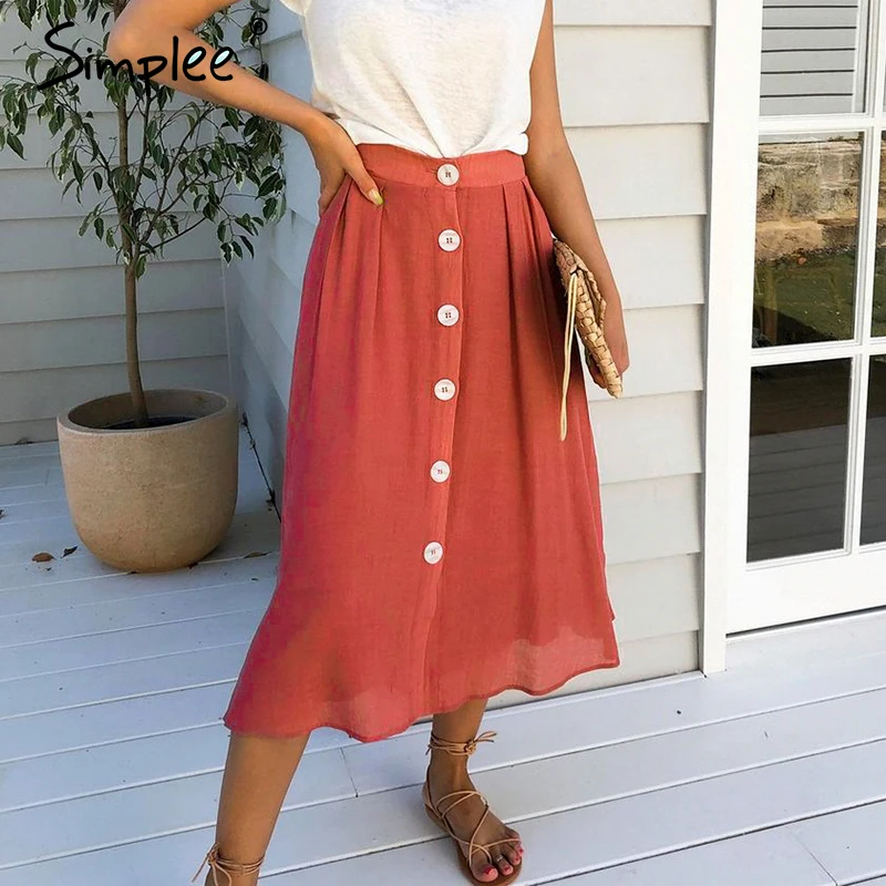 Простые повседневные женские миди юбки на пуговицах винтажные однотонные